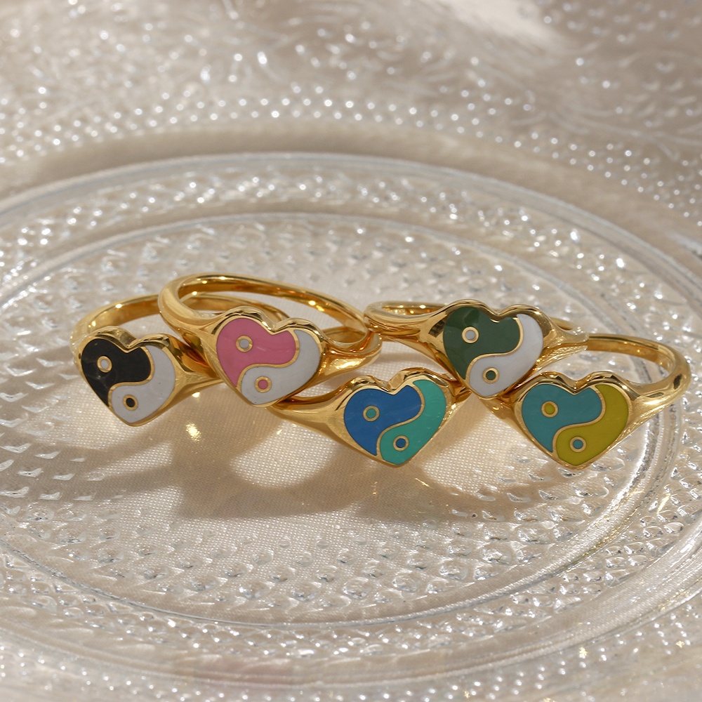 INS Trendy Enamel Rings Stainless Steel PVD 18K Gold Plated Heart Yin Yang Ring
