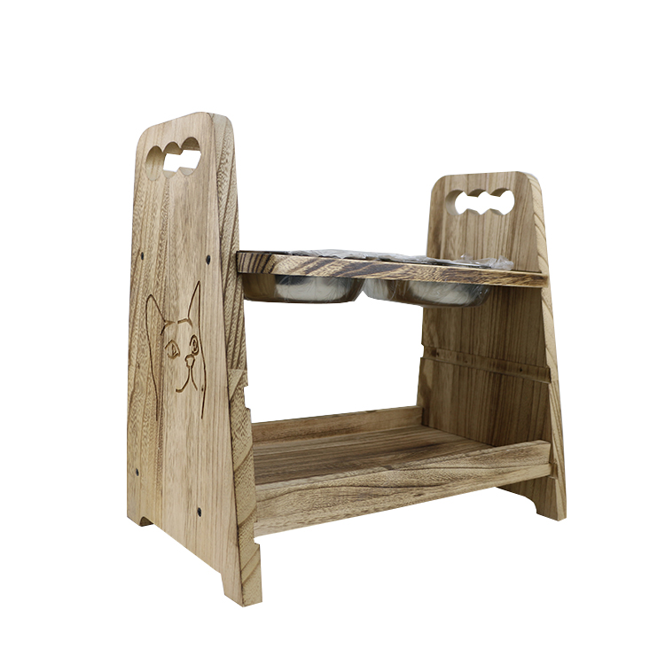 Bamboo Wood Pet Feeder Stand with Two Stainless Bowls