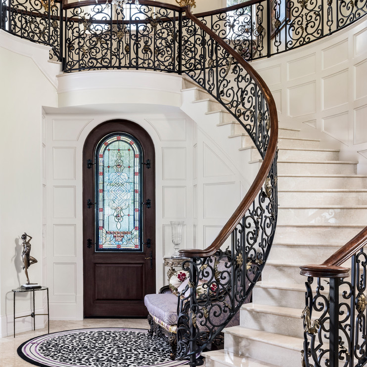 Hot Sale Residential Curved Marble Step Staircase Modern White Marble Step Staircase with Wrought Iron Railing