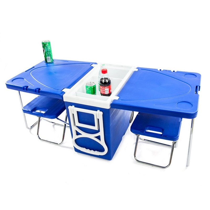 Wholesale Multifunctional 28l Outdoor Portable Plastic Beer Cooler Box With Table And Chair Foldable Camping Cooler Box Set