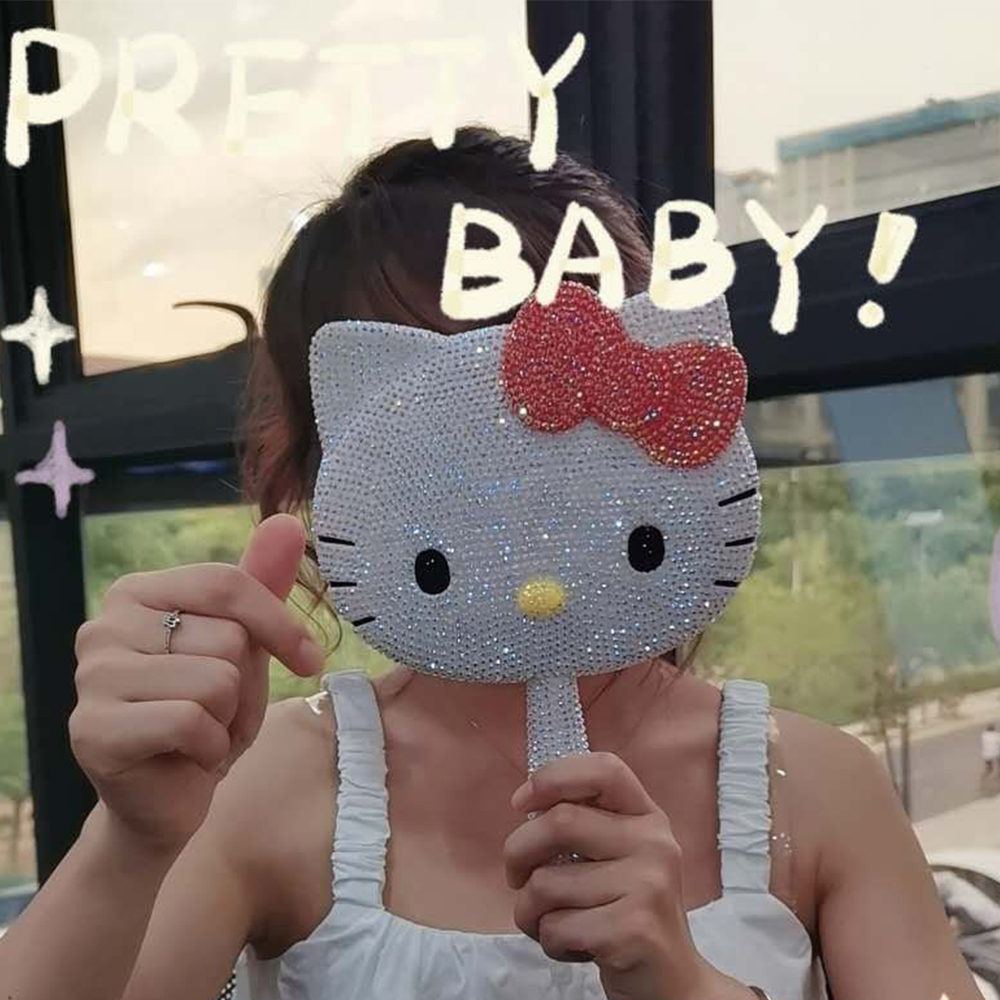 Оптовая продажа, белые, розовые, красные зеркала Hello Kitty, ручные зеркала с блестящими бриллиантами для макияжа, Дорожные Зеркала с кошкой Hello Kitty