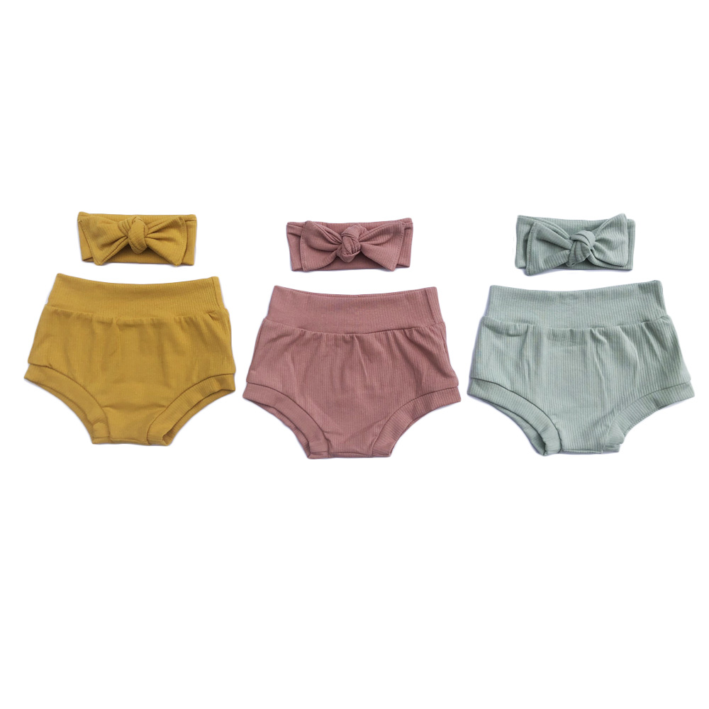 Hot Sale Solid Rib Cotton Baby Short Soft Girls Underpants Casual Unisex Bloomer with Headband 2pcs sets Baby Clothing