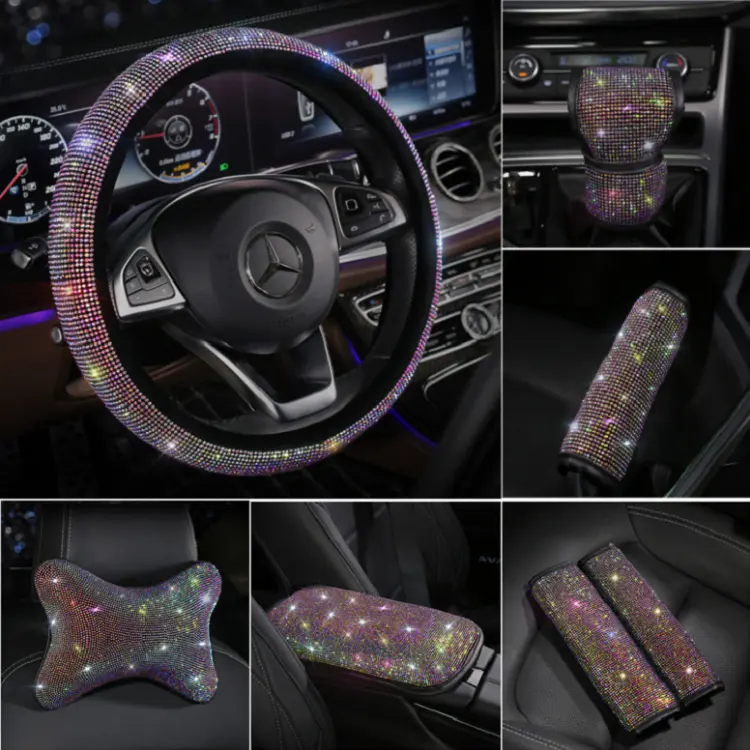 Bling Bling Car Accessories Colorful Crystal Rhinestone Rainbow Diamond Steering Wheel Cover