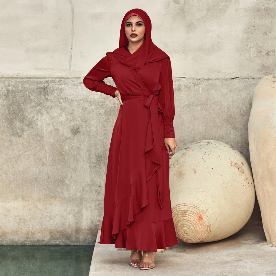 2021 Aliexpress Amazon Solid Color Irregular Ruffled Lace Outfit Muslim Islamic Clothing Long Dress jilbabs