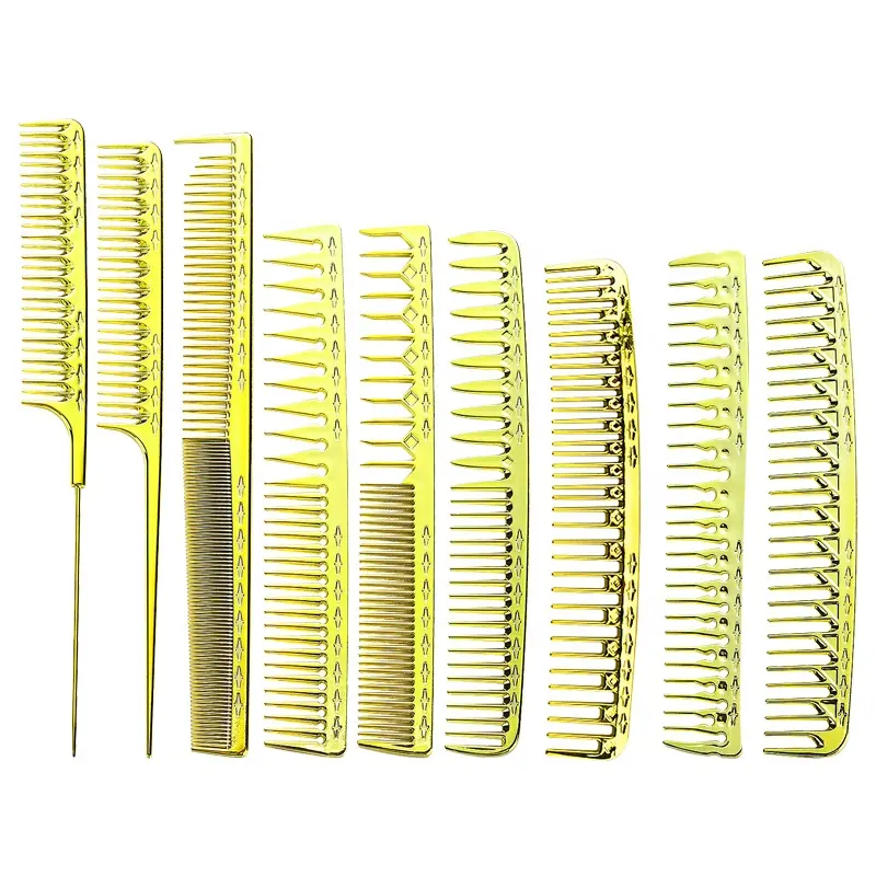 Premium Quality 9pcs Electroplated Gold Color Comb Hair Cutting Barber Stylish Hairdressing Plating Comb for Men Women