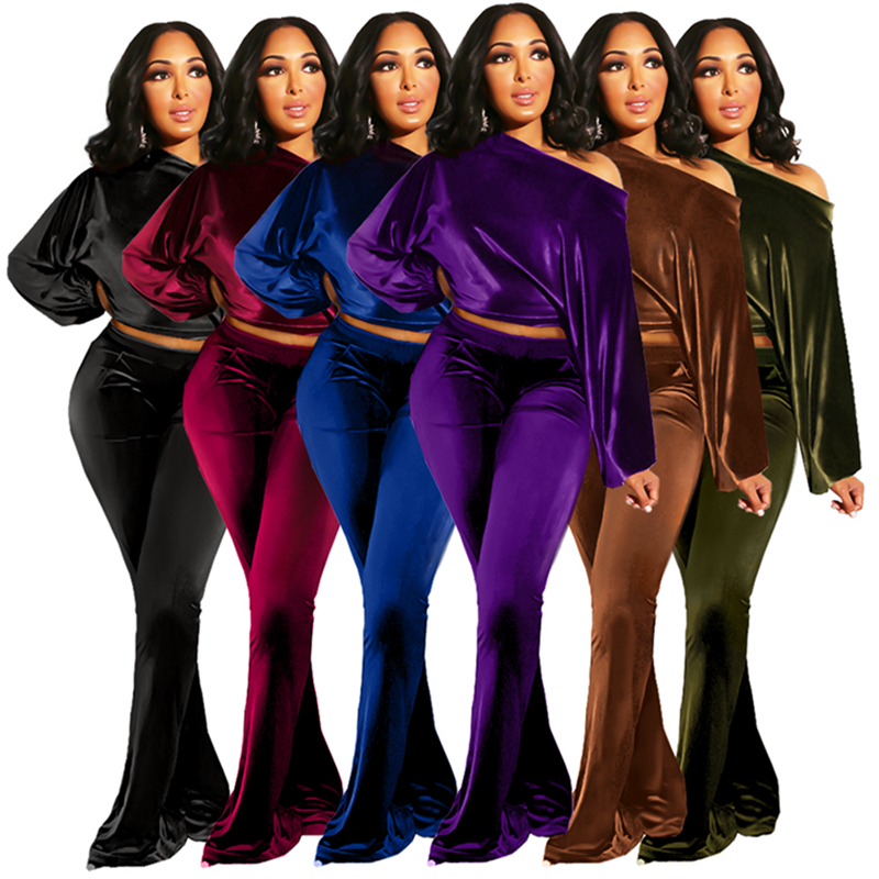 High Quality Fall Flannel Asymmetrical Neck Lantern Sleeve Bell Bottom Pants Set Velvet Two Piece Set For Women