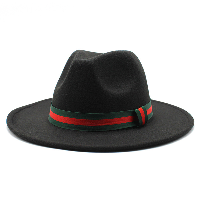 2021 latest fall and winter flat brim party felt hat unisex fashion designer wool fedora hat with Green Red striped Ribbon