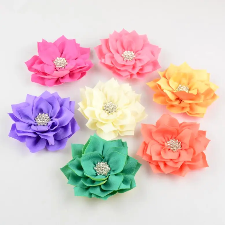 3.6" 20 Colors Lotus Leaf Flowers With Rhinestone Button For Hair Accessories Fabric Flowers For Headband B123
