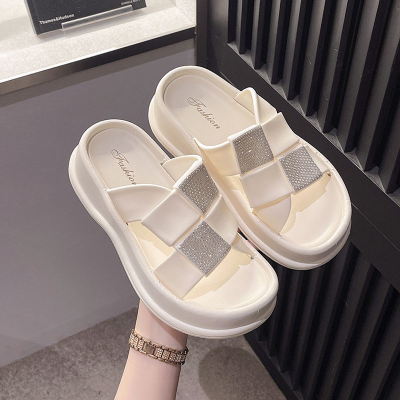 New Fashion Versatile Shoes Thick Sole Casual Wear resistant Women's Slippers with Square Diamonds 4.5CM High Height Sandals