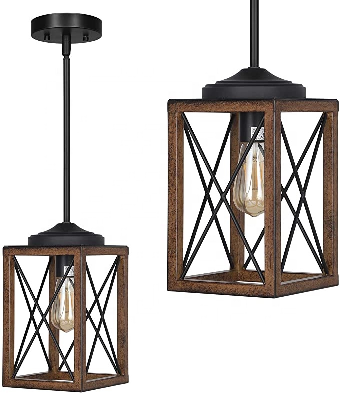 Kitchen Bedroom Wooden Grain Finish Metal Hanging Light Fixture Farmhouse Modern Chandelier Pendant Light