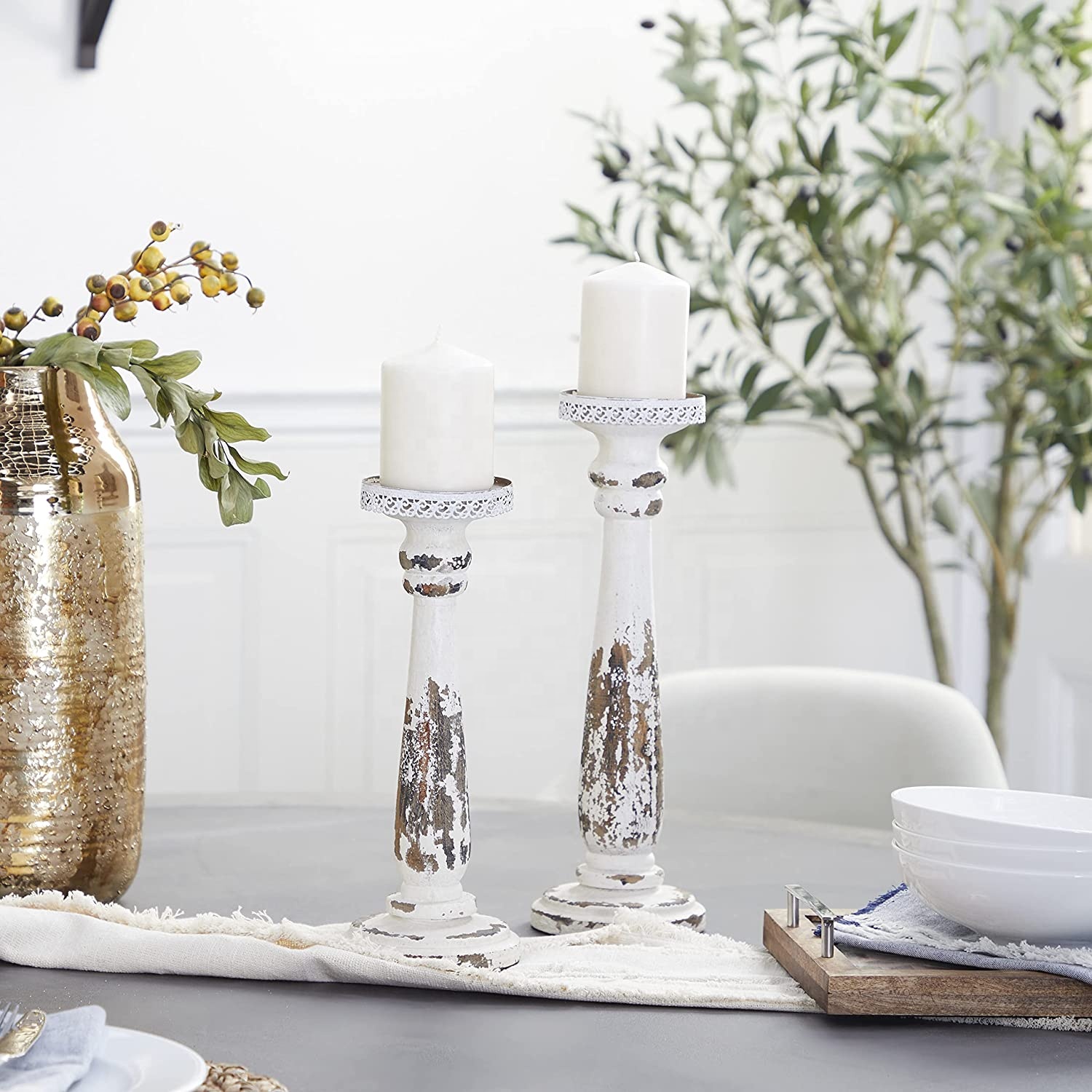 3 Piece Wooden Candle Pillar Holder Set - Color - Natural - Size: 17 Inches, 14 Inches and 11 Inches - Intricate Detail