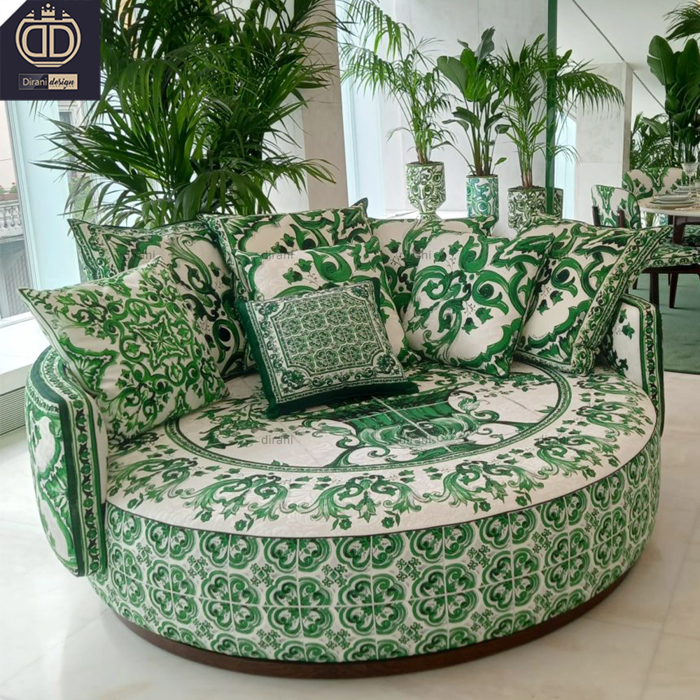 Relax Mediterranean Round Italian Luxury Neutral Modern Love Seat Sofa Green Flower Villa Hotel Round Love Chair Sofa Bed