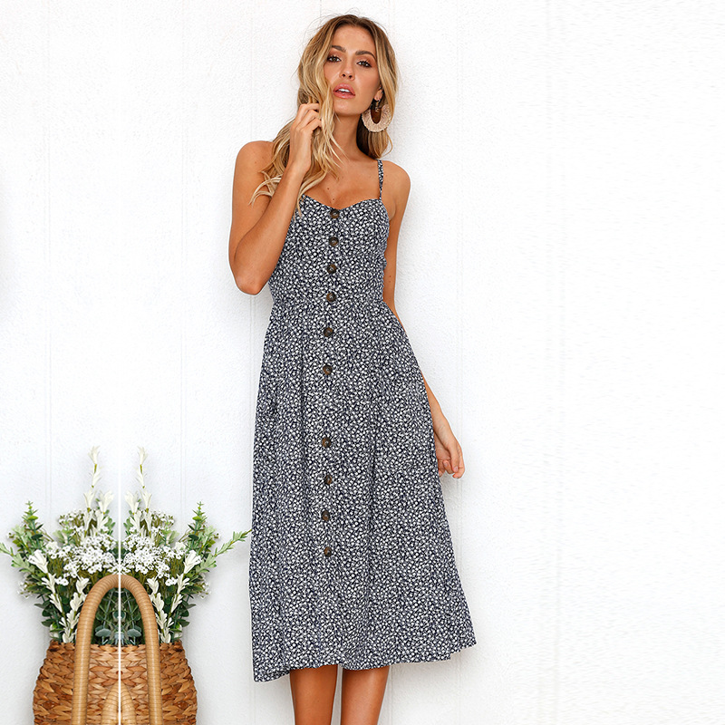 Boho Floral Summer Dress Women V Neck Pocket Sleeveless Midi Pleated Backless Button Dress