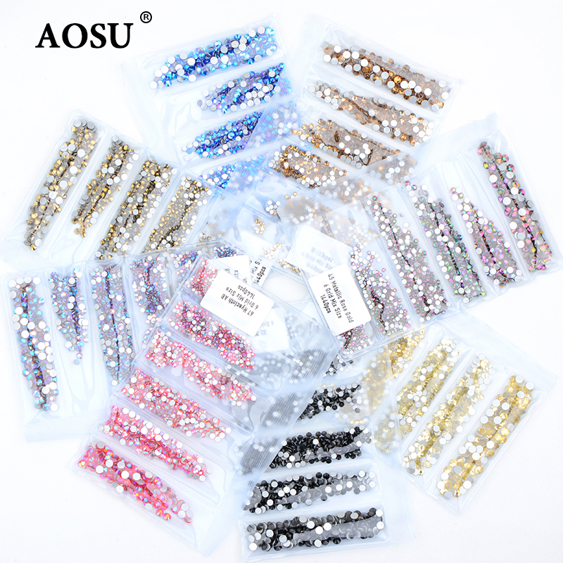 AOSU Wholesale 6 Grids Nail Stickers Crystal AB Diamond Strass Mix Size Glass Nail Rhinestone For DIY Decoration