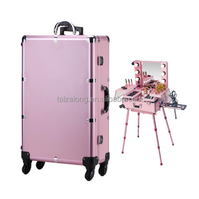 Black/Pink Rolling Studio Makeup Artist Cosmetic Case with Light Leg Mirror Train