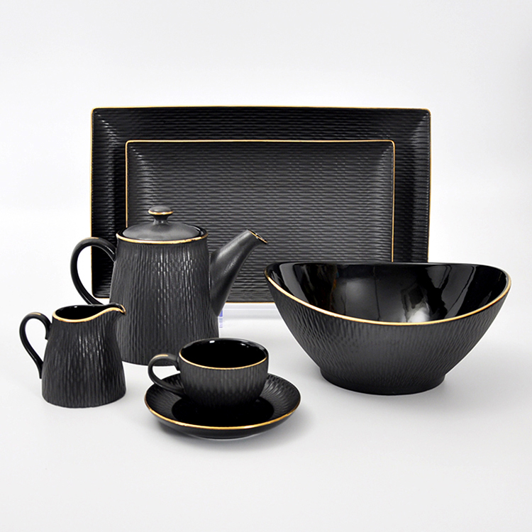 P&T horeca black dinner plate set ceramics plates dinnerware custom black porcelain gold rim dinnerware plates ceramic tableware