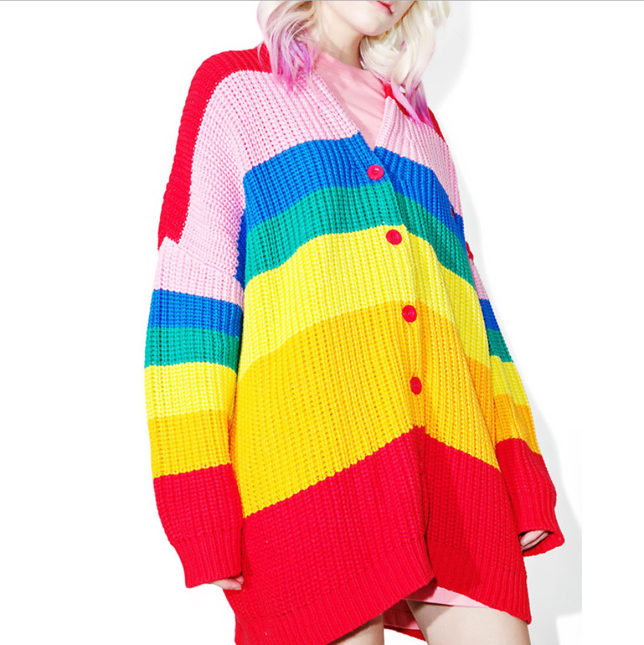 factory customization mixed stripe color block v neck colourful cardigan long sleeve knit women sweater coat with pockets