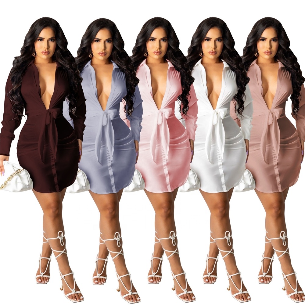 2021 woman fall plus size stain clothes dress long sleeve solid deep V- neck fashionable career dresses