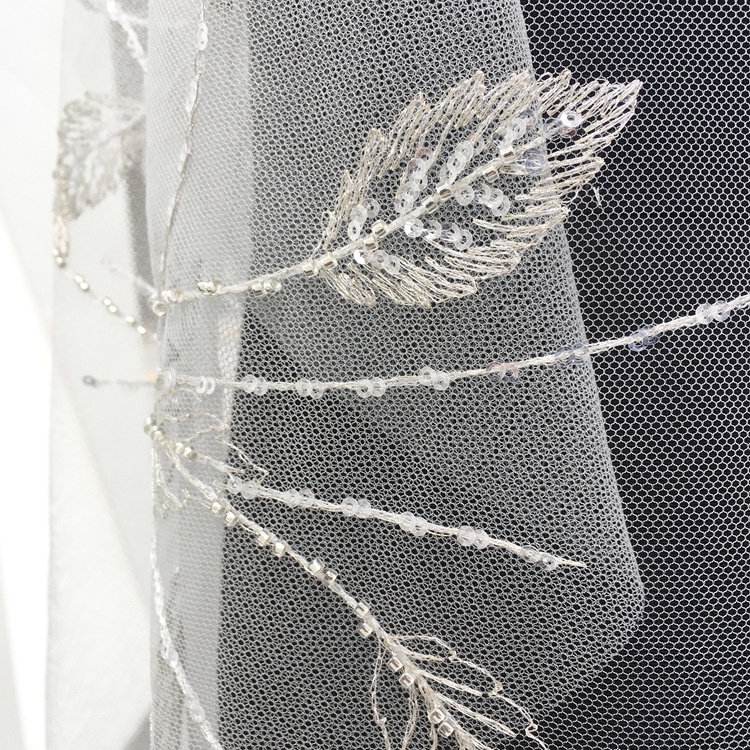 2021 High Quality Voile Bead Pure White Bridal Cathedral Long Wedding Veil