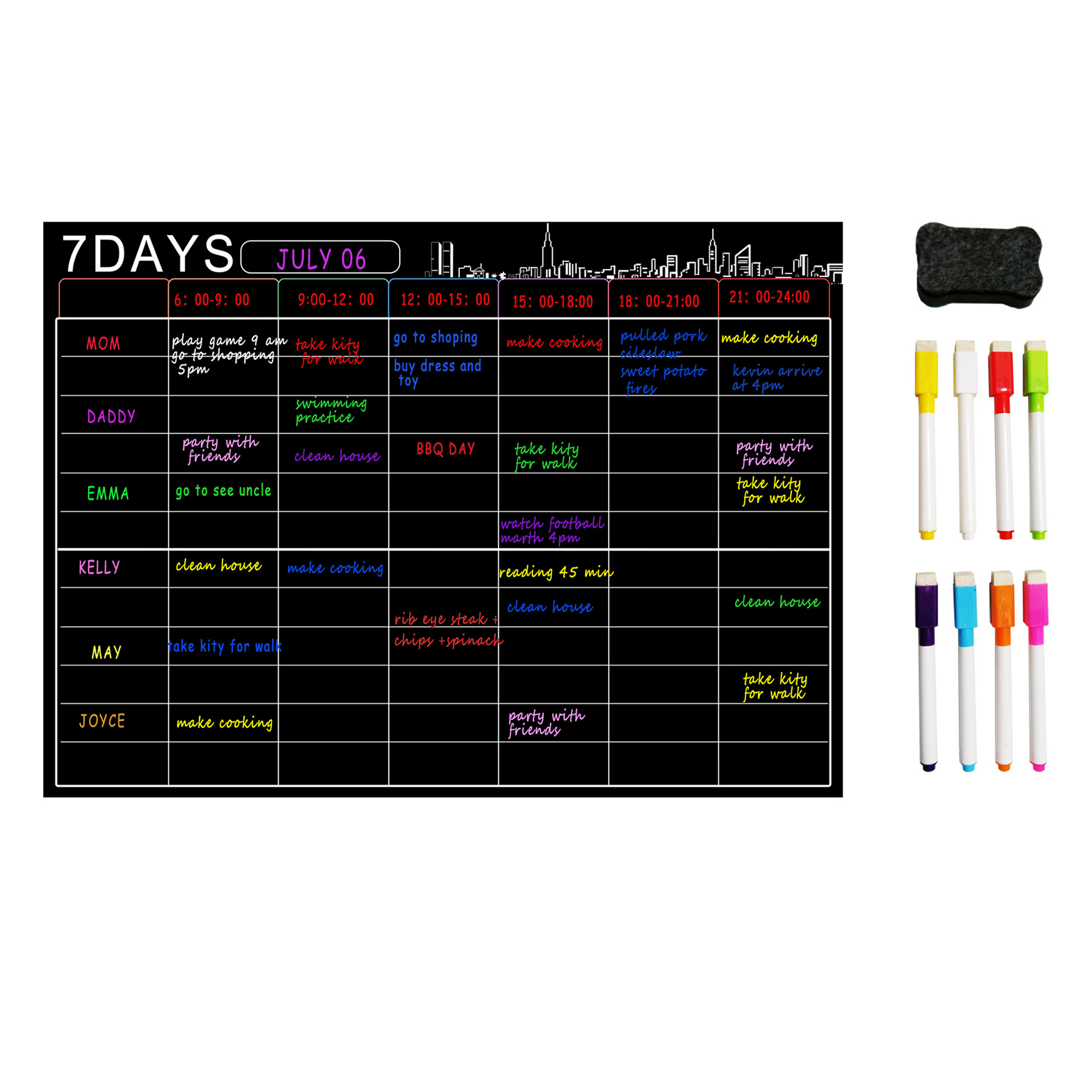 custom Magnetic BLACK memo Board with 8 Markers, kids magnetic writing black board, black weekly fridge magnet