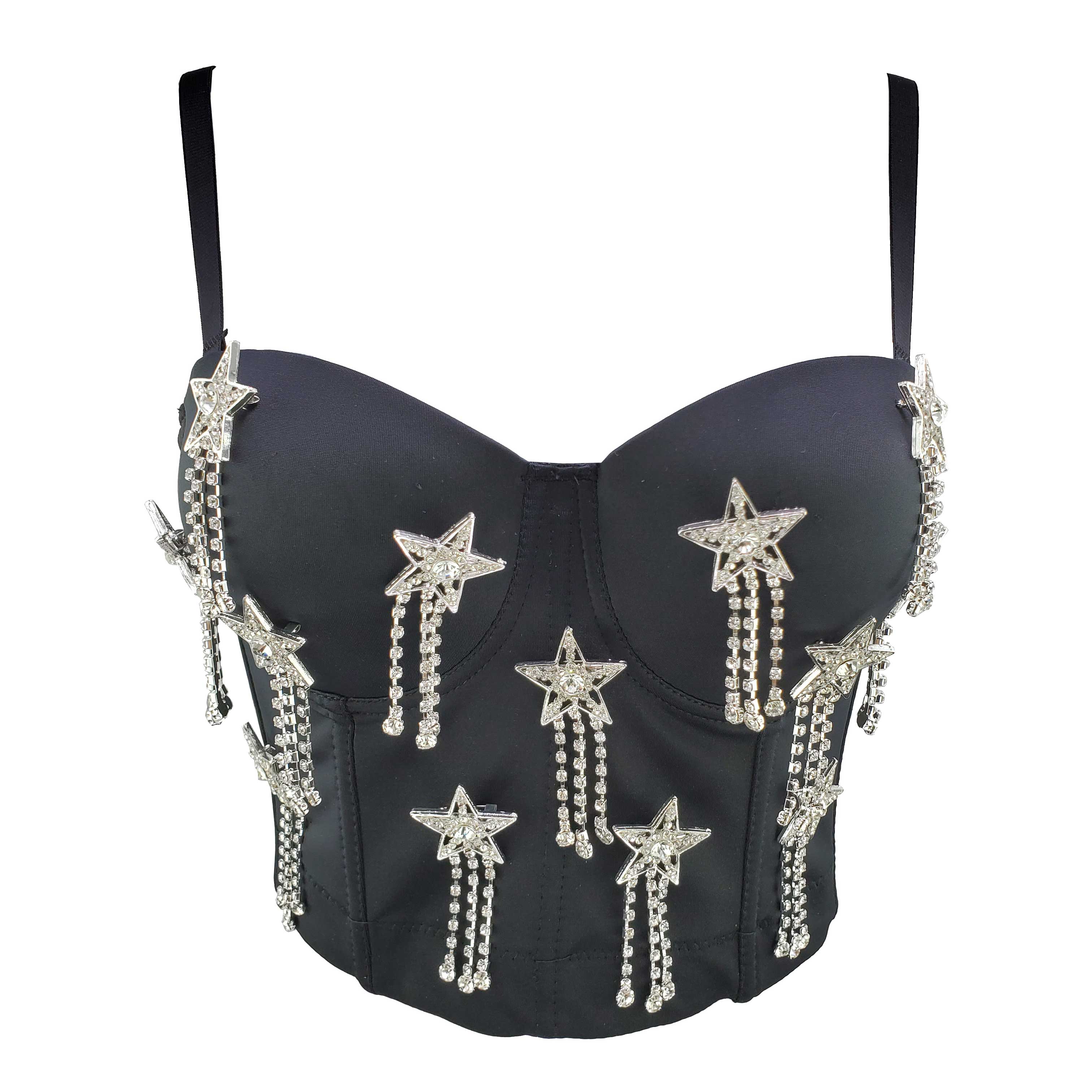 S991 Women New Fashion Sexy Hot Five-pointed Star Rhinestone Fringed Short Vest Shiny Strapless Corset Bustier Bra Crop Tops