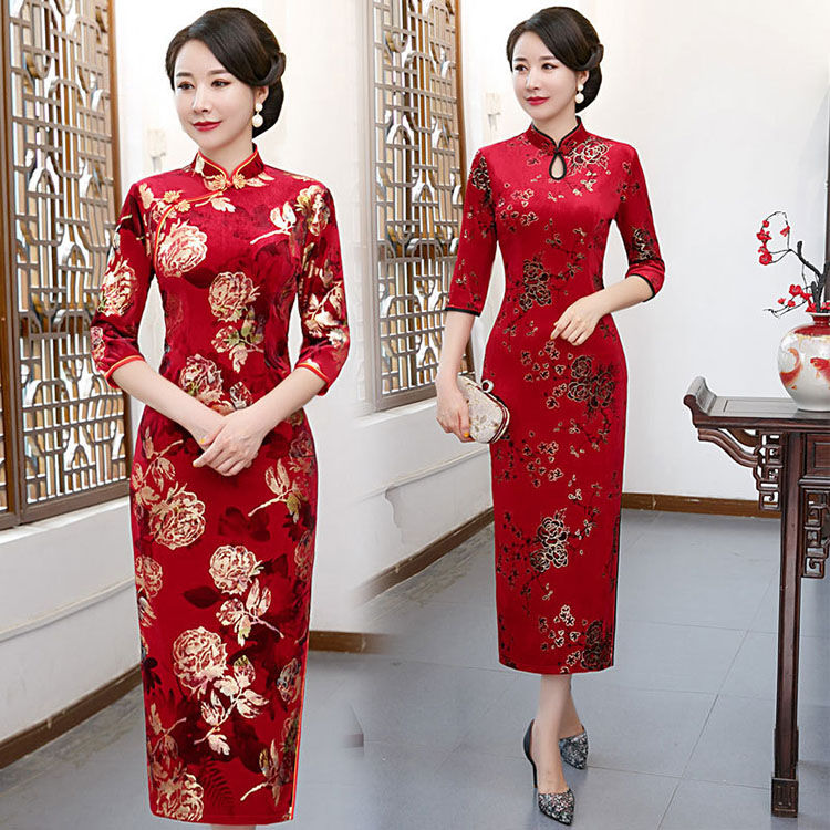 Элегантное китайское традиционное вечернее платье Qipao с вышивкой и цветочным принтом, элегантное Восточное ретро-платье Qipao с длинными рукавами до локтя