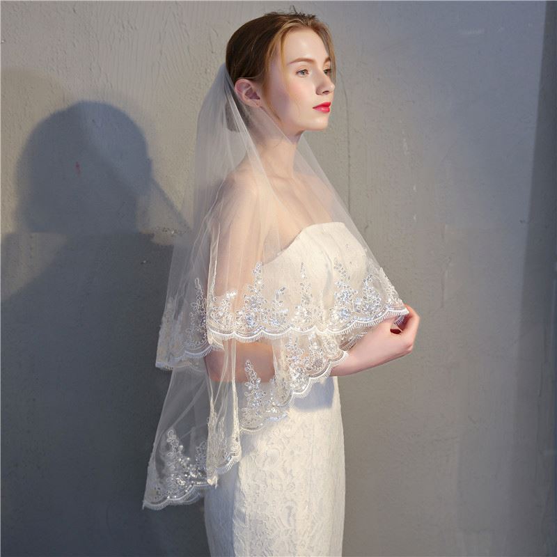 EnAnClothing Hotsale Double Layers Paillette White Wedding Bridal Veil With Hair Comb For Women