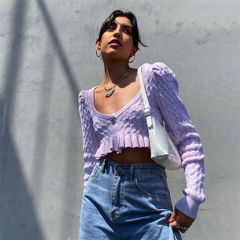 Prered 2021 New Styles Wholesale Women's Knitted Sweater V-neck Low-cut Long-sleeved Short Ladies Fashion Sweater Casual