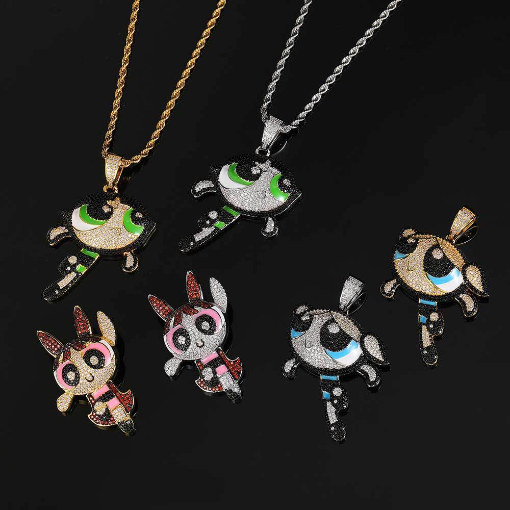 Hip Hop Cartoon Anime Colorful Zircon Anime Powerpuff Girls Buttercup Pendant Luxury Charm Necklace Pendant for Women