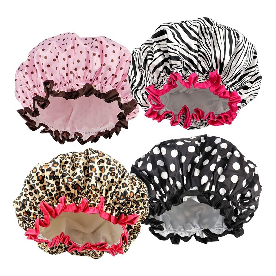 Custom Designer Double Waterproof Layers Elastic Reusable Bathing Hair Ladies Spa Salon Leopardo Shower Caps for Women