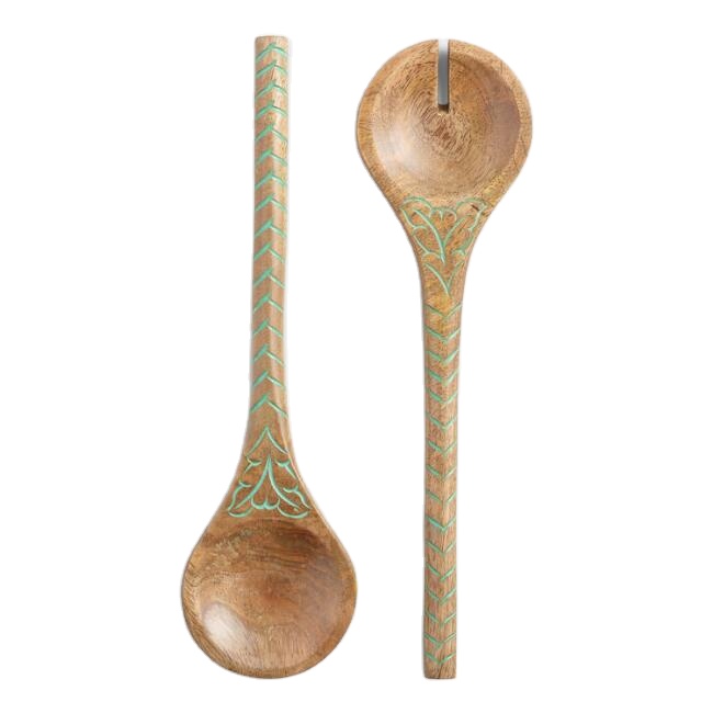 Wood salad servers feature etched enamel designs