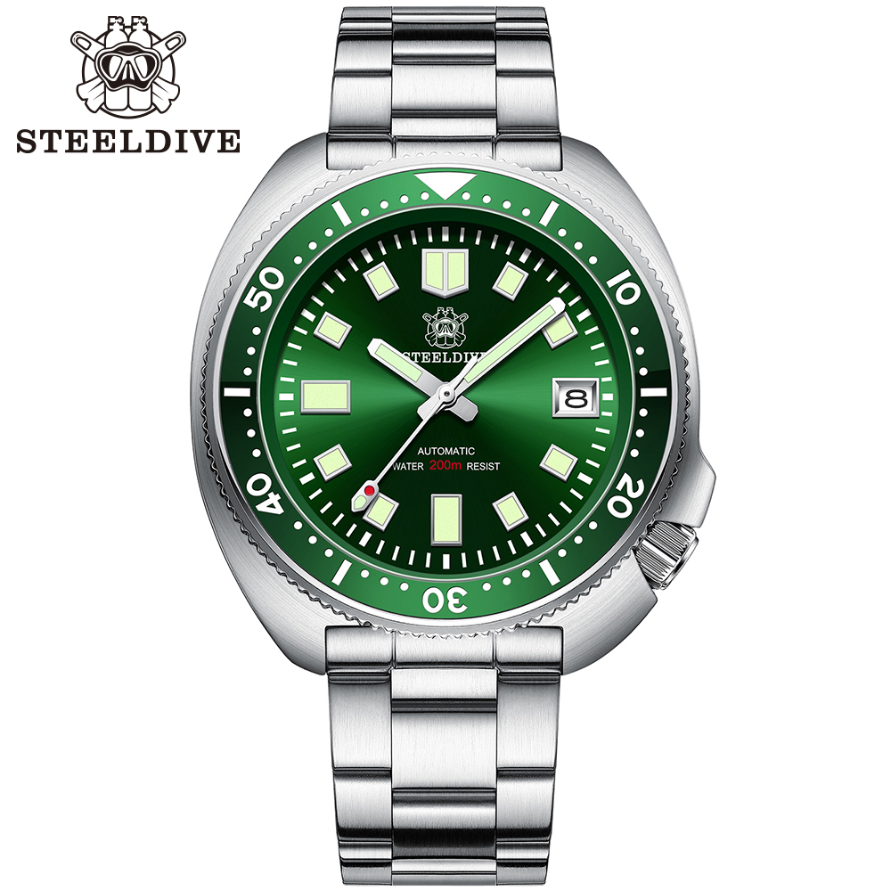 Новое поступление 2020 STEELDIVE резиновый ремешок SD1970-GR двухцветный светящийся зеленый керамический Безель NH35 200 м 6105 водолазные часы