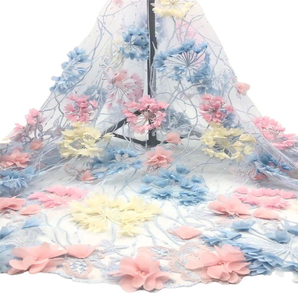 Beautiful 3D artificial flower net embroidery fabric for wedding dress