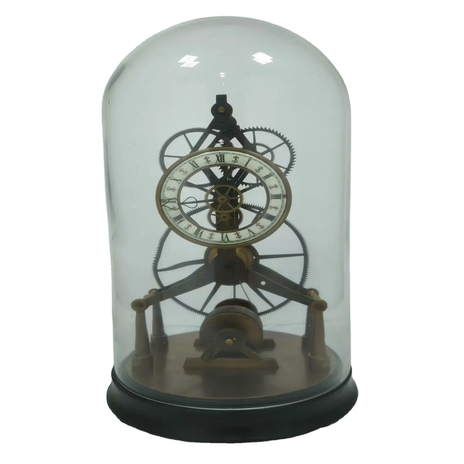 LG Imitated from French Antique Round Fusee Skeleton Clock with glass cover & mahogany wood base JGG-01