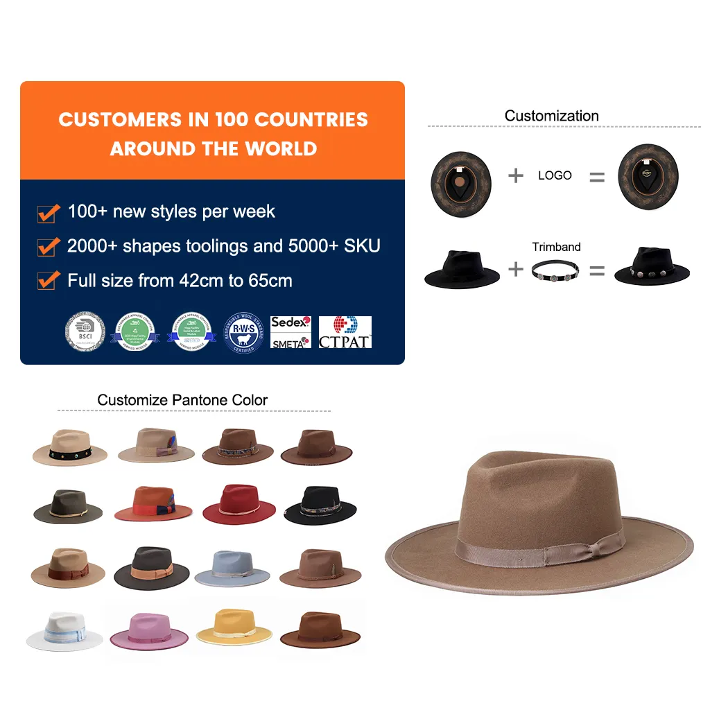 HUAYI HATS  Custom Logo Colors Brand Fashion High Quality Wide Brim 100 Wool  Unisex Fedora Wool Felt Hat