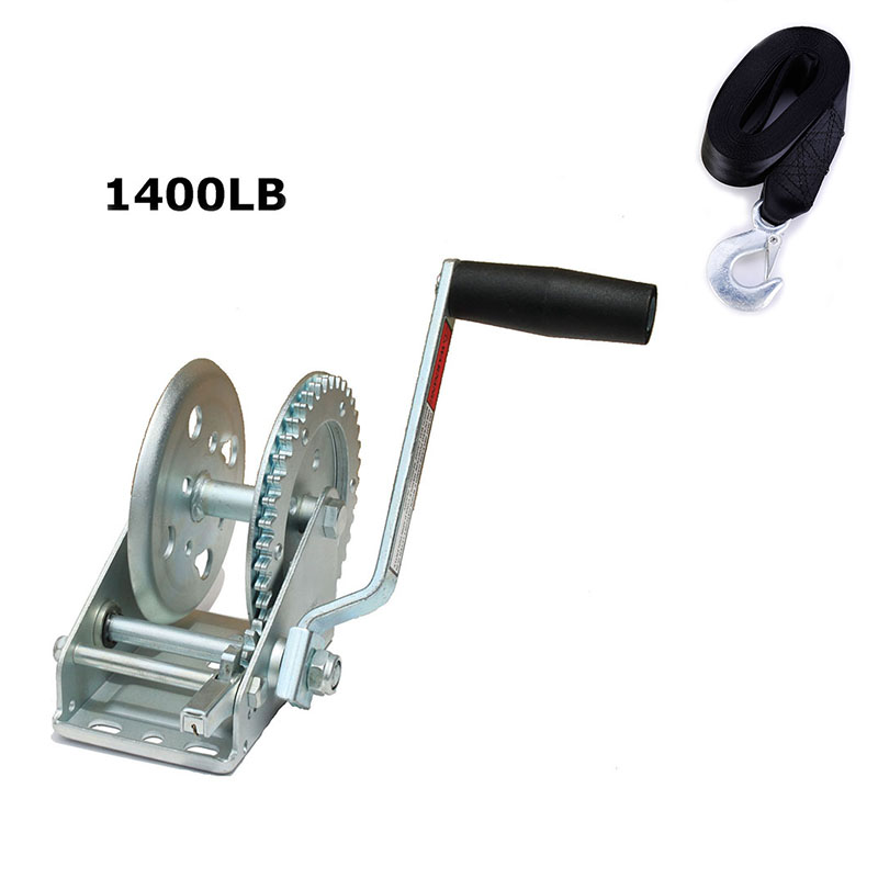 1400lbs Dual Gear Hand Winch Hand Crank Manual Boat ATV RV Trailer Heavy Duty with strapfishing winch
