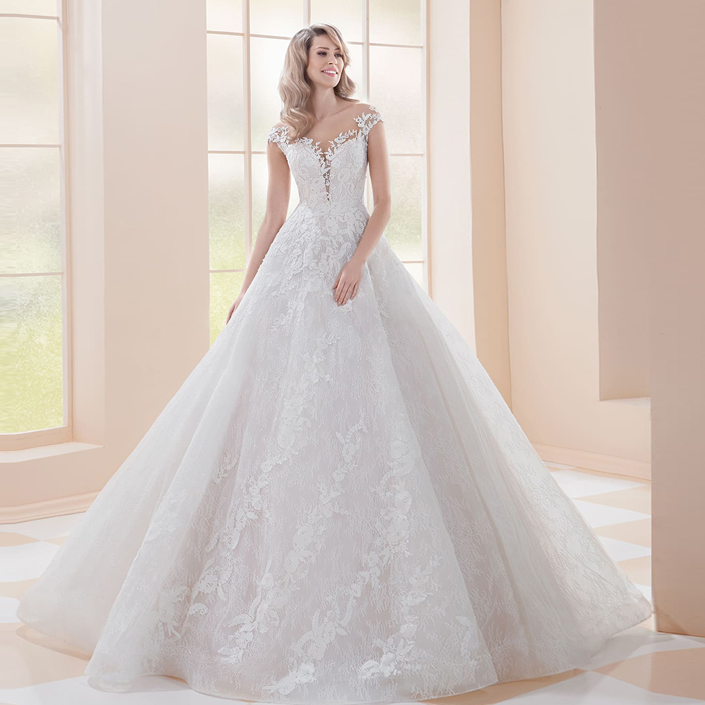 2021 Новое поступление аппликации кружево ТРАПЕЦИЕВИДНОЕ свадебное платье Vestidos De Boda; С круглым воротником и рукавами-крулышками, платье принцессы на свадьбу, платья Bruidsjurken