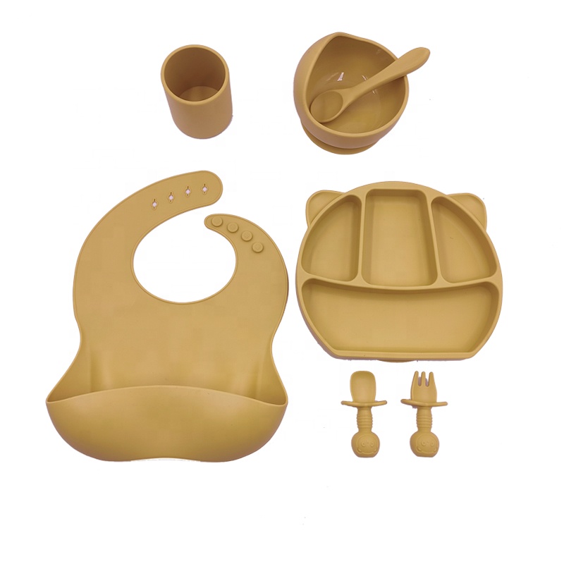 6pcs/Set BPA Free Food Grade Baby Silicone Bib Dinner Set Fork Spoon Dishes Plate Bowl Baby Feeding Supplies Newborn Accessories