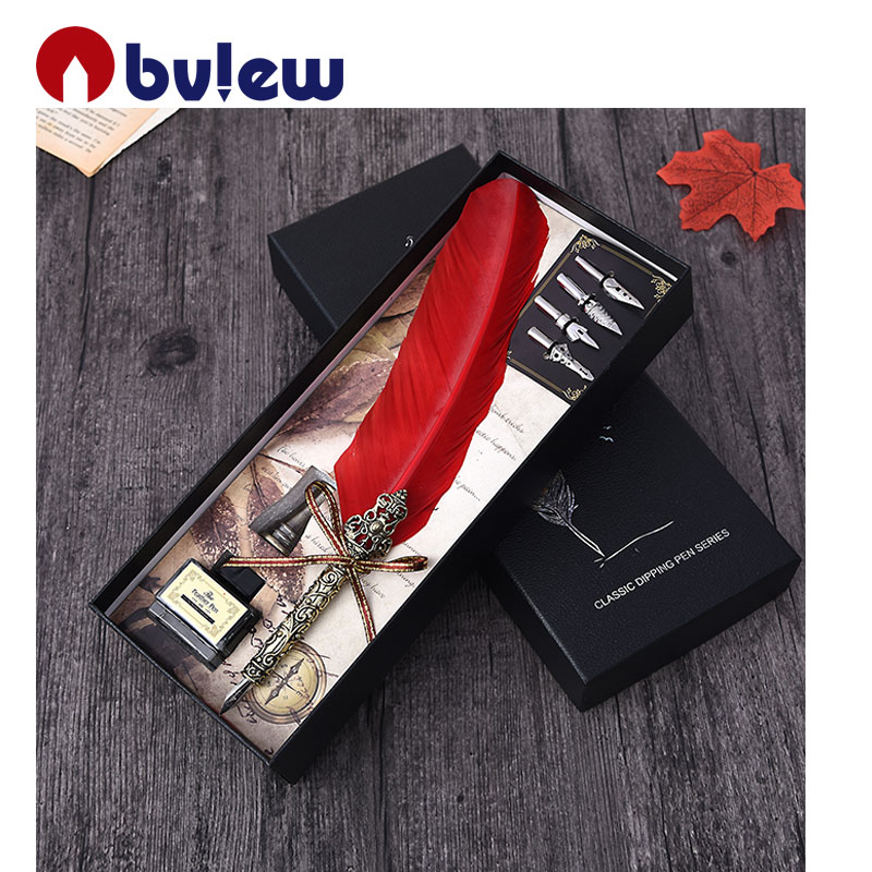 Bview Art Premium Quality Colored Dip Pen With Ink Feather Quill Pen Set In Gift Box