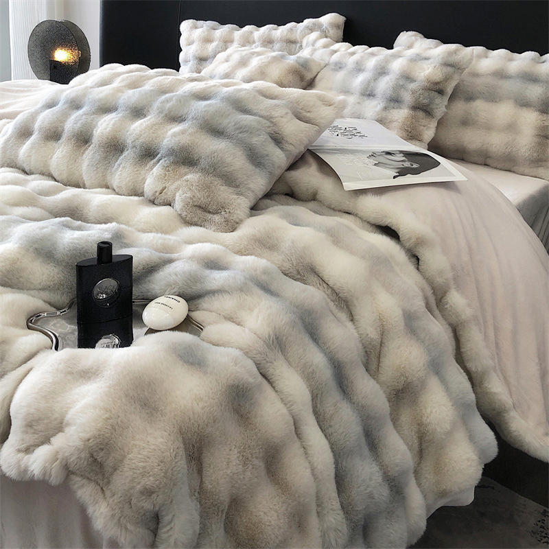 Luxury Four-Piece Quilt Set Rabbit Plush Milk Velvet Thickened Patchwork Bed Sheet for Autumn Winter Warm Bedding