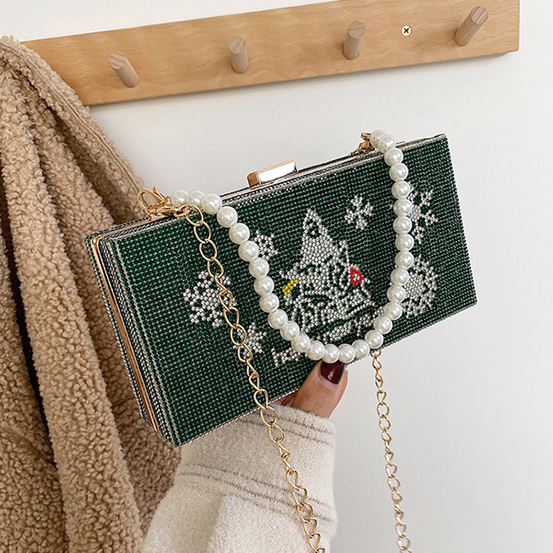 Hot Sale Christmas Beaded Portable Diamond Ladies Evening Bag Rhinestone Evening Bag With Chain