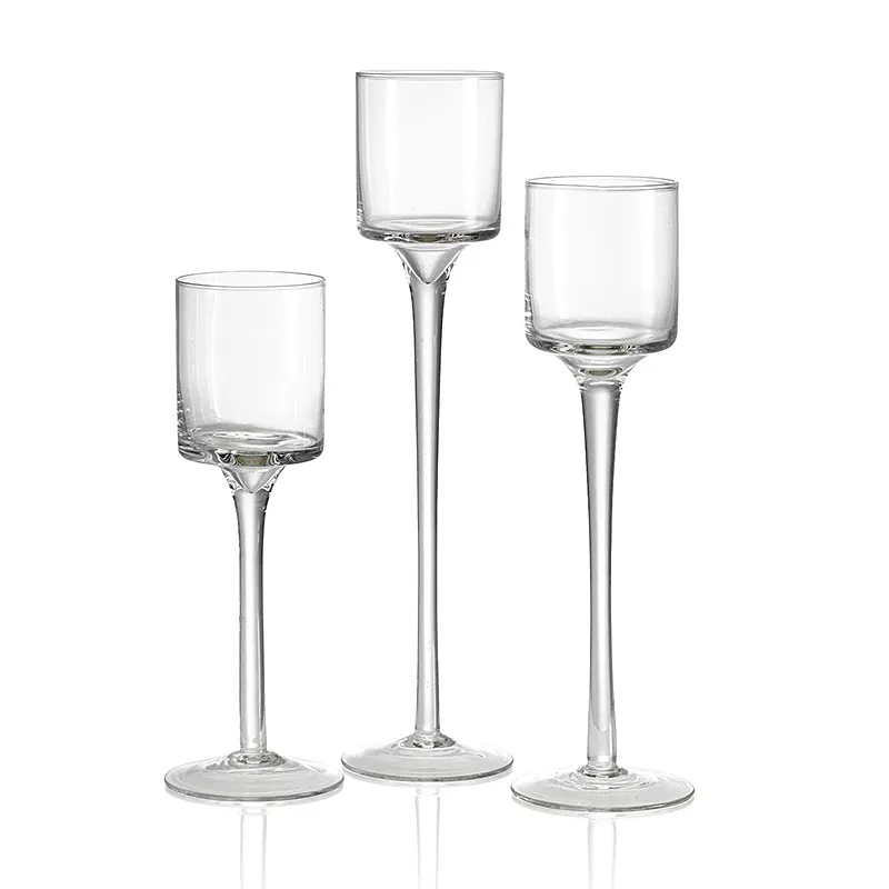 Hot sale 3 size set clear gold tall stem glass candle holders stand for wedding party decorative