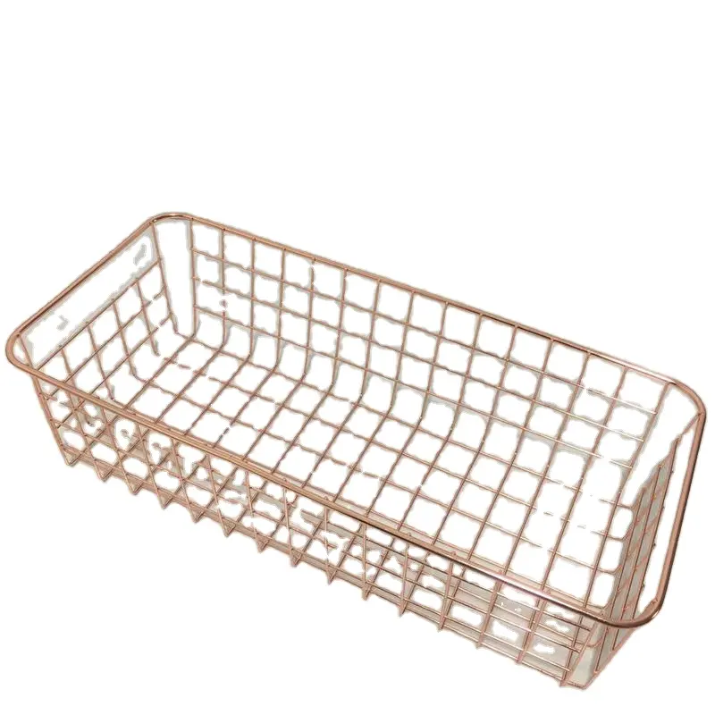 Nordic Style Rose Gold Wire Iron Baskets Home Metal Table Magazine Storage Basket Mesh Wire Basket