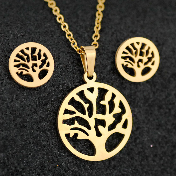 Qushine Stainless Steel Life Tree Necklace Earrings Sets Wholesale Wedding Bridal Gold Jewelry