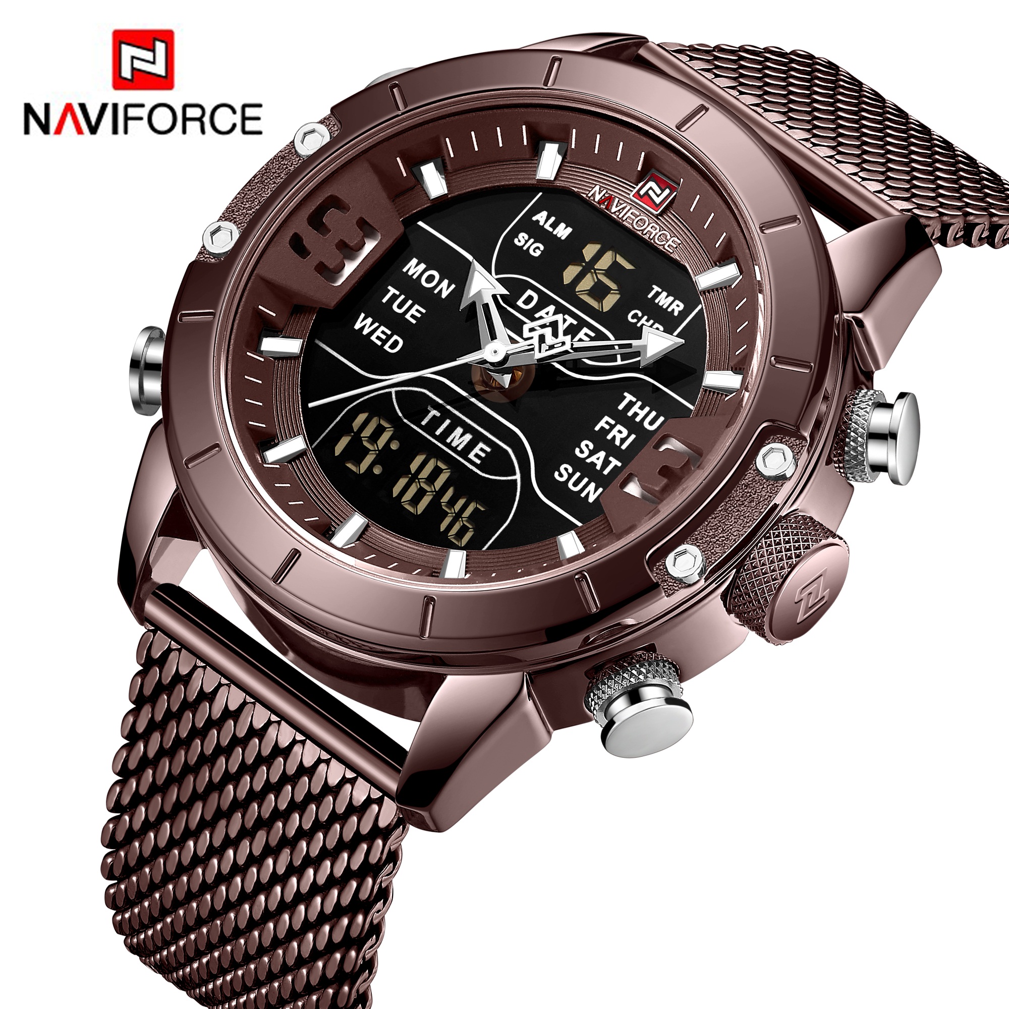 Часы наручные NAVIFORCE Мужские кварцевые цифровые, спортивные брендовые Роскошные армейские в стиле милитари, с сетчатым браслетом из нержавеющей стали, 9153 S