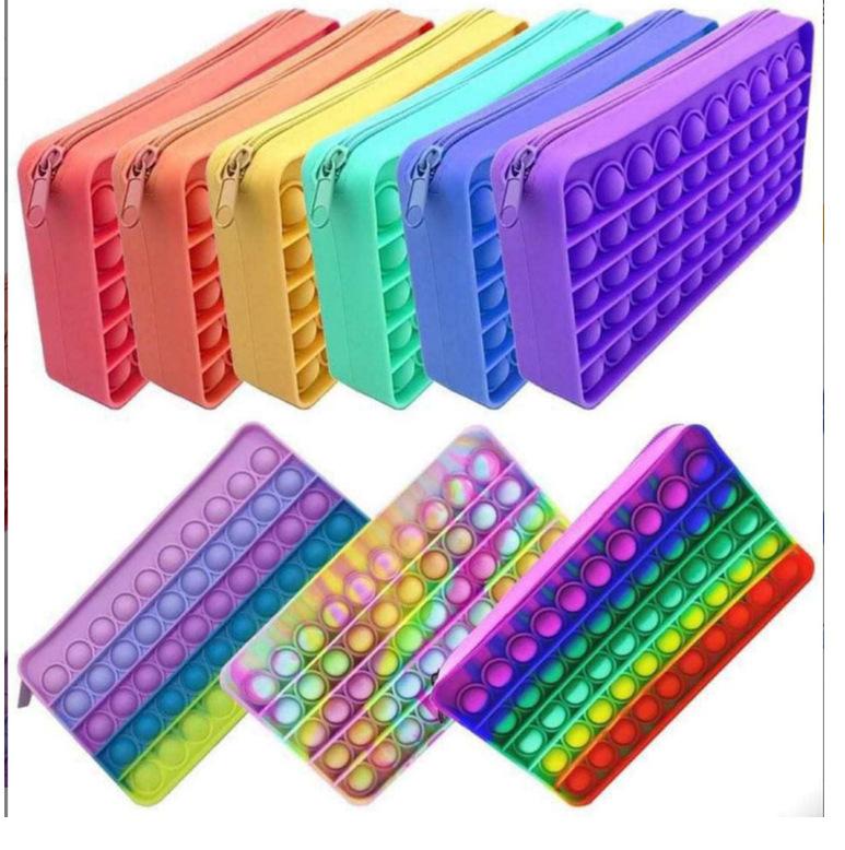 Easycosy wholesale Rainbow custom school Silicone decompression fidget toys pops it pencil case with puzzle bubble for Kids