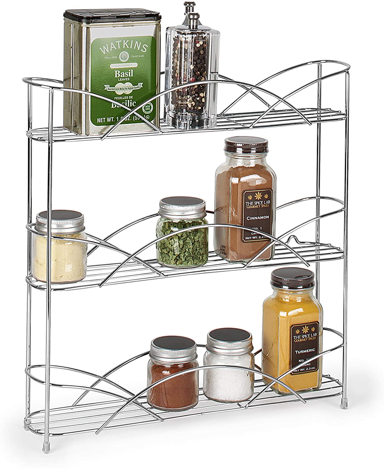 Chrome Countertop 3-Tier Rack Kitchen Cabinet Organizer or Optional Wall-Mounted Storage  3 Spice Shelves