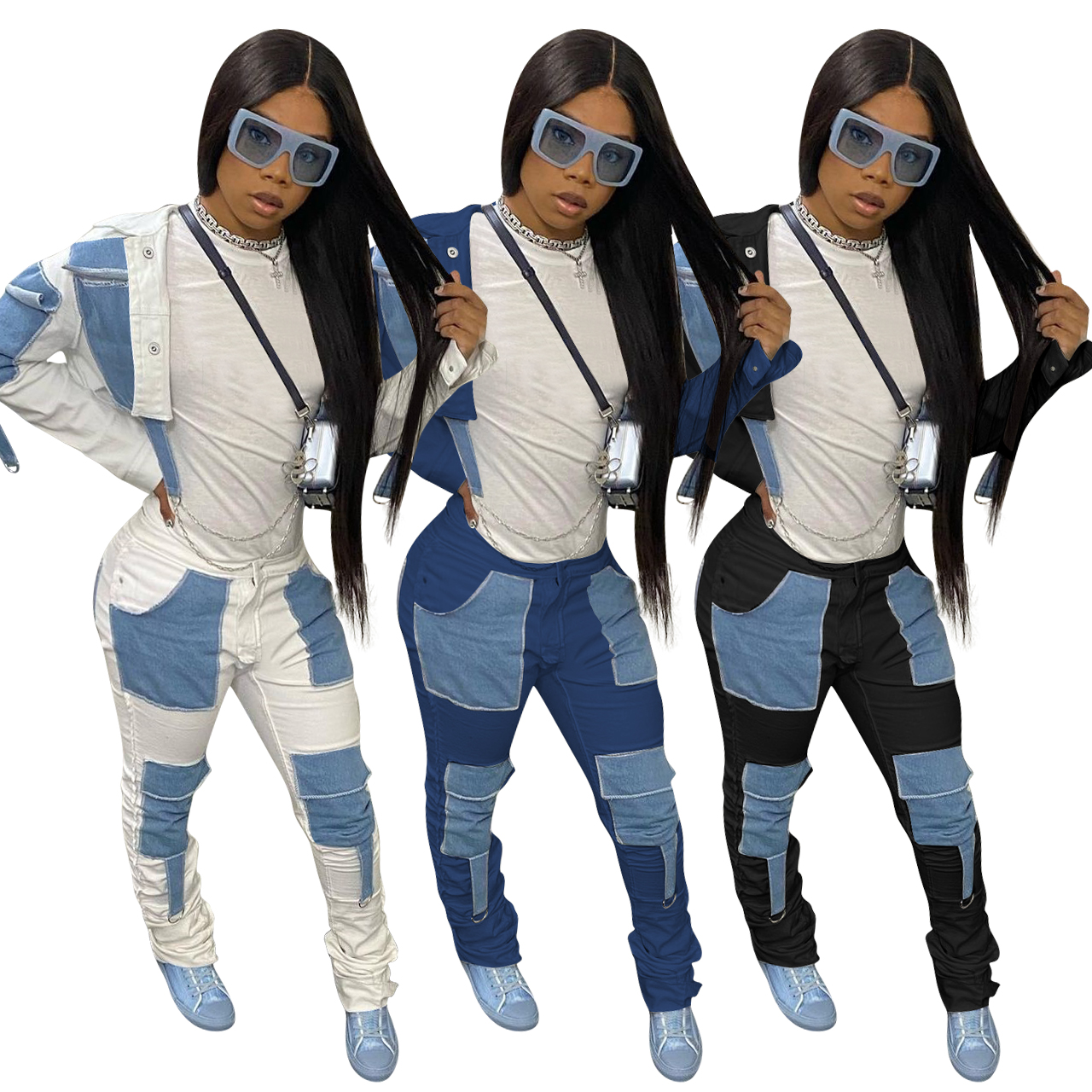 2021 New Wholesale Hot Sale Ripped Jeans Women Patch Splicing Low Wasit Zipper Skinny Long Denim Jeans Pants for Women