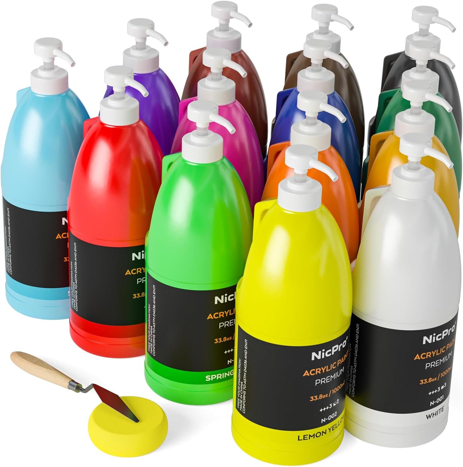 Large 14-Color Bulk Acrylic Paint Set (33.8 oz 1000 ml) Kids Adults Non-Toxic Multi-Surface Canvas Wood Leather Fabric Stone