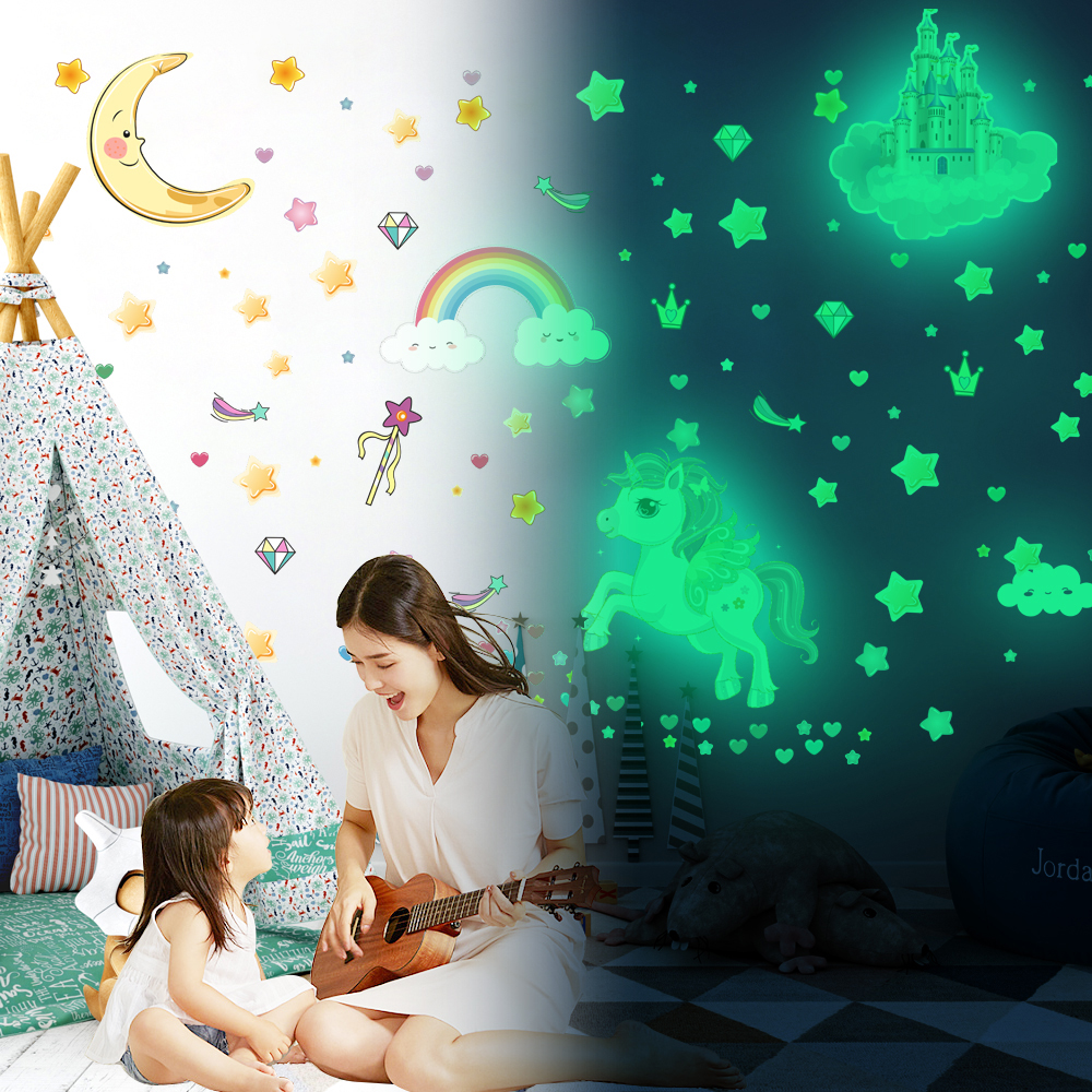 custom pvc wall stickers for kids room night glow in dark castle and unicorn sticker wall decoration